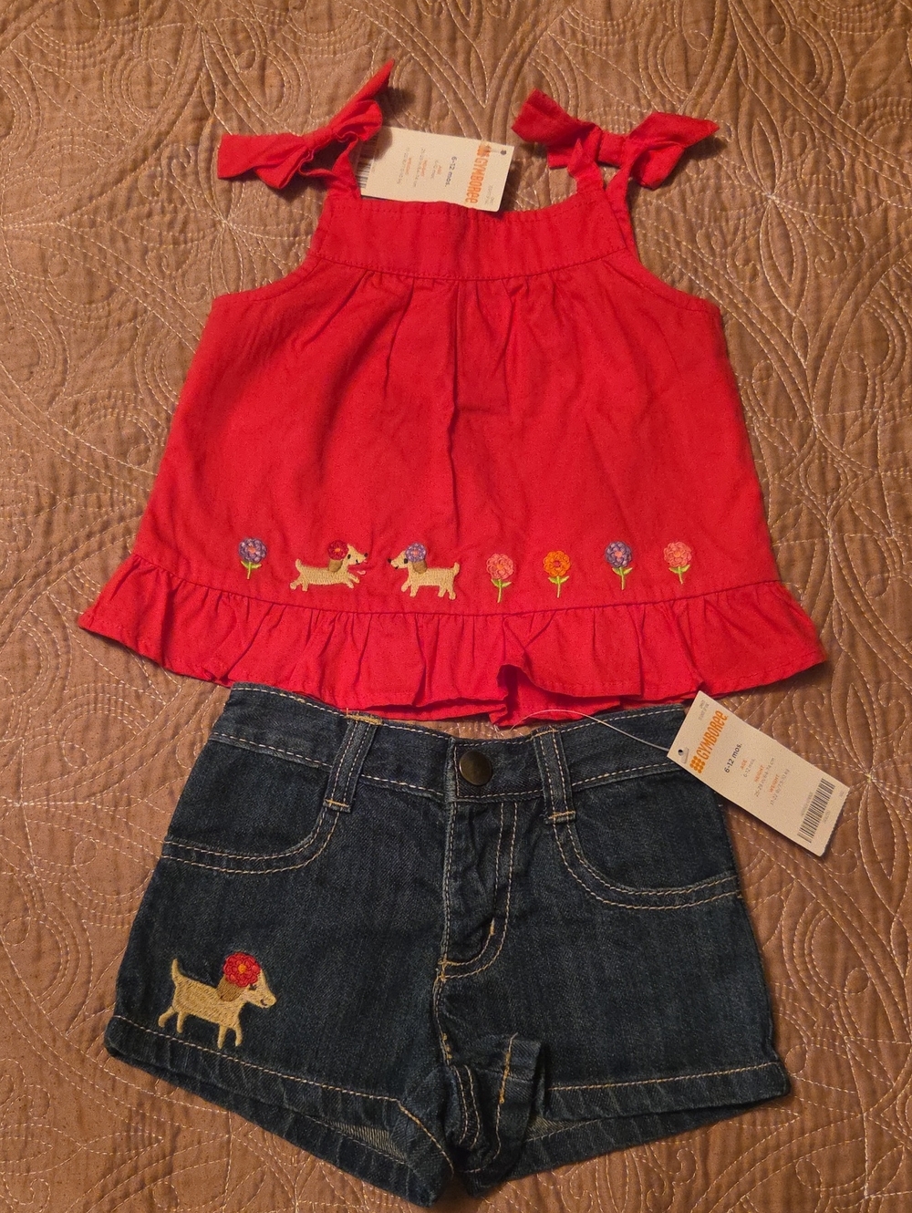 Vintage Gymboree Pink Tank Style Top & Jean Shorts.  Cute Design Dogs/flowers